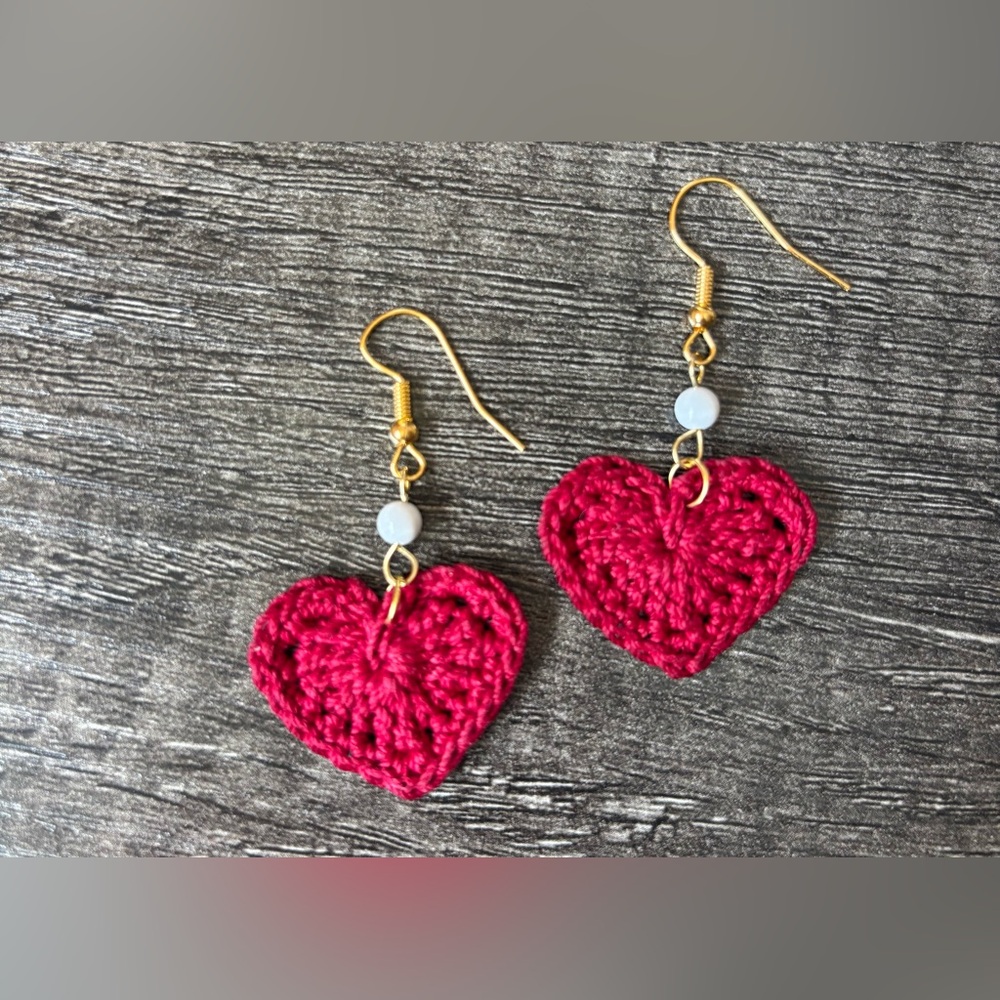 NWOT Handcrafted Red Heart Crochet Earrings - Picture 4 of 4
